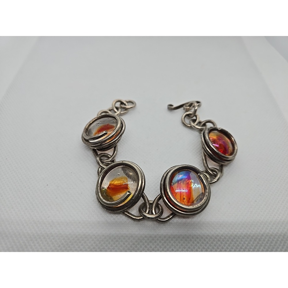 Vintage Sterling Silver Bracelet Round Link Chain Marble 7.25" Artisan